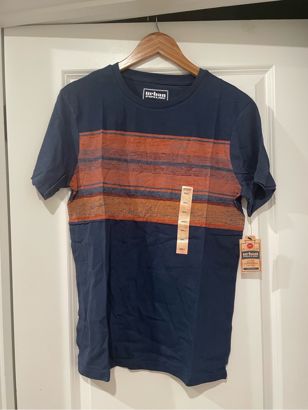 Urban Pipeline Navy & Orange Striped Men’s Crew Neck T-Shirt small nwt
